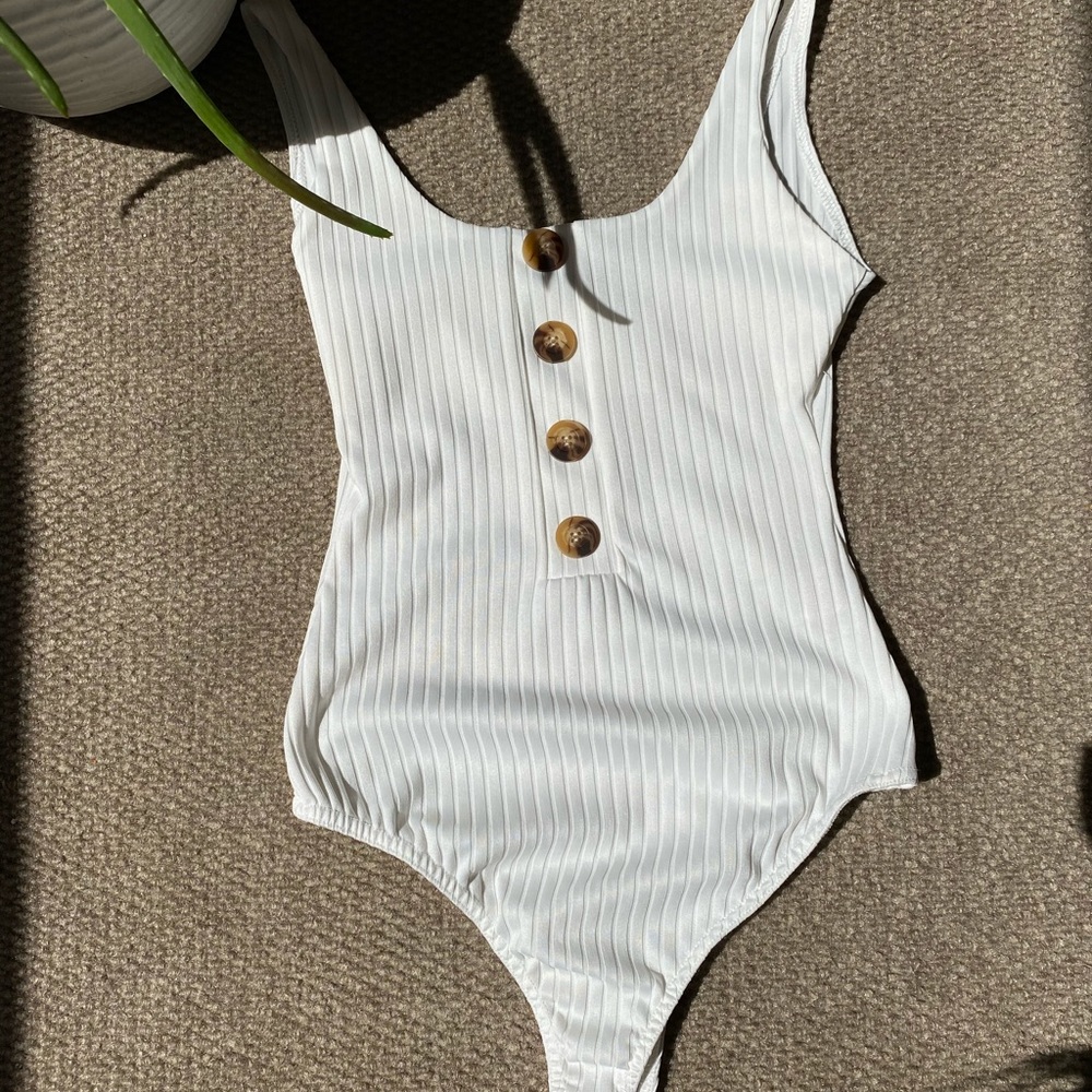 Cream Rib Button Front Thong Bodysuit